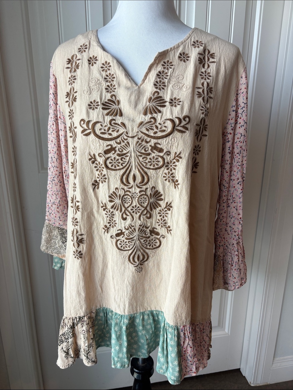 Collections Etc. Light Beige Boho style mini dress with Floral Trim